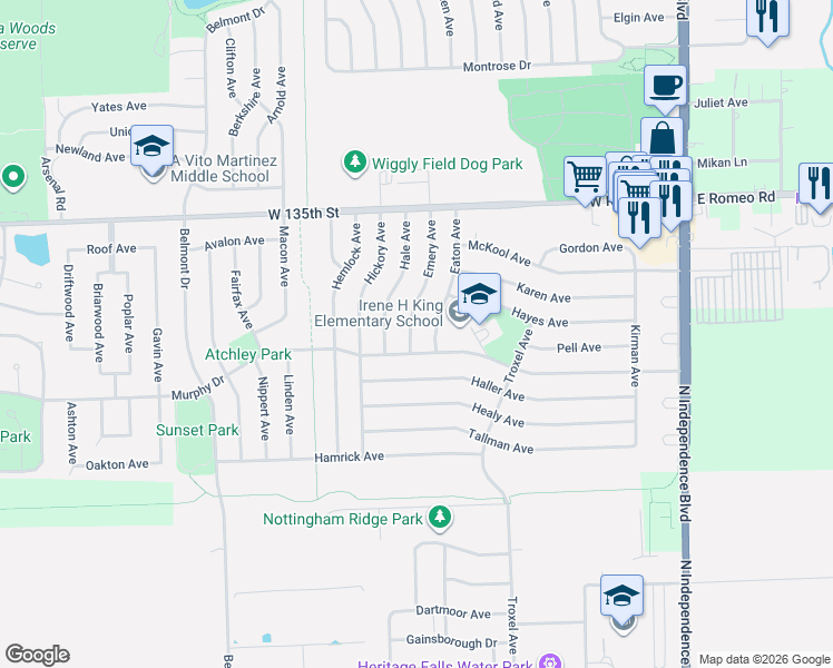 map of restaurants, bars, coffee shops, grocery stores, and more near 405 Murphy Drive in Romeoville