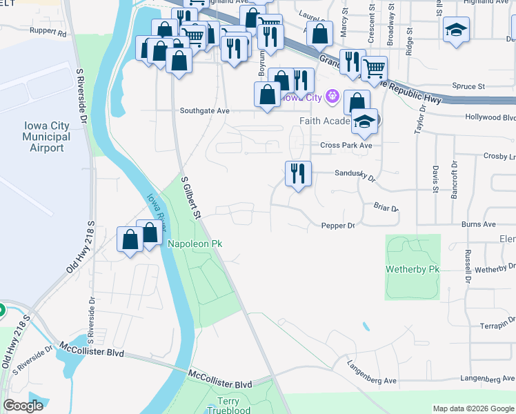 map of restaurants, bars, coffee shops, grocery stores, and more near 181 Toby Circle in Iowa City