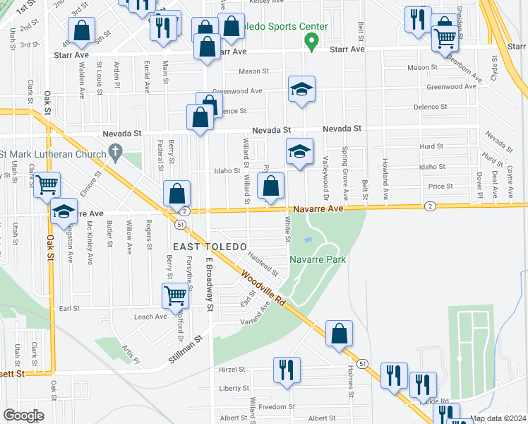 map of restaurants, bars, coffee shops, grocery stores, and more near 1226 Navarre Avenue in Toledo