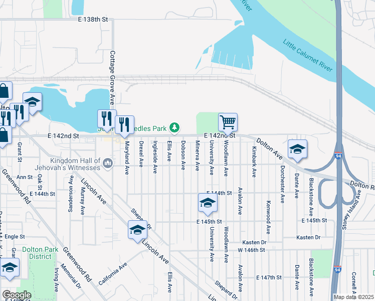map of restaurants, bars, coffee shops, grocery stores, and more near 14248 Minerva Avenue in Dolton