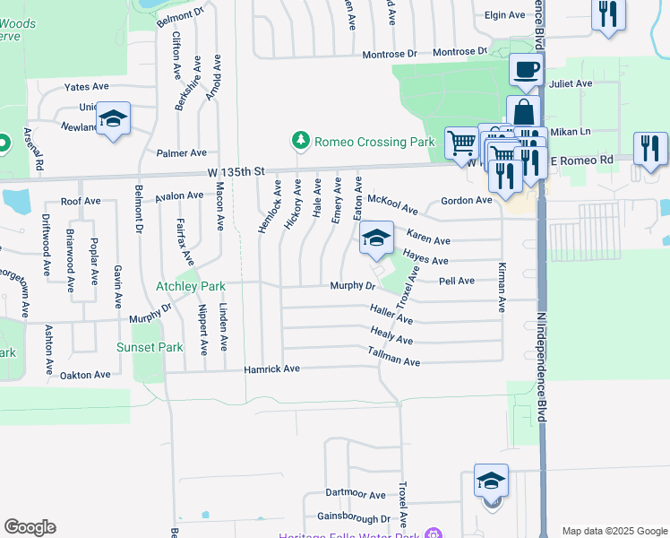 map of restaurants, bars, coffee shops, grocery stores, and more near 405 Murphy Drive in Romeoville