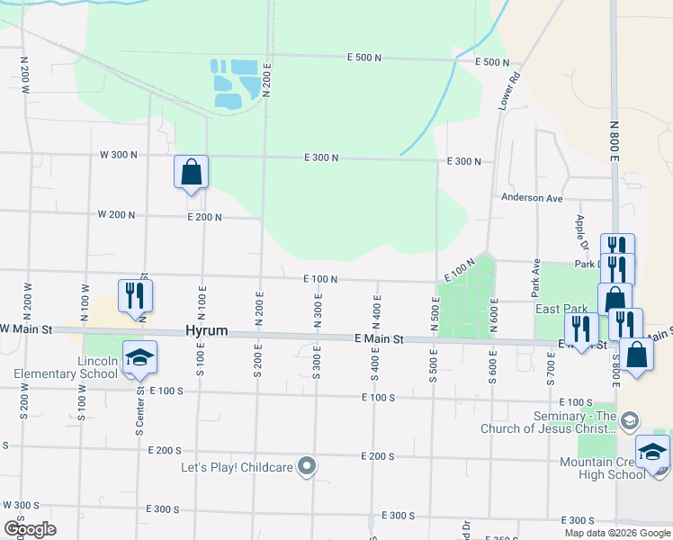 map of restaurants, bars, coffee shops, grocery stores, and more near 335 East 100 North in Hyrum