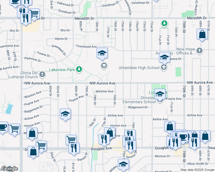 map of restaurants, bars, coffee shops, grocery stores, and more near 7605 Northwest Aurora Avenue in Urbandale