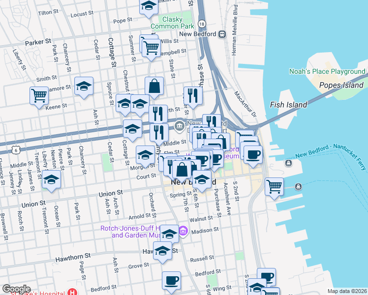 map of restaurants, bars, coffee shops, grocery stores, and more near 193 Middle Street in New Bedford