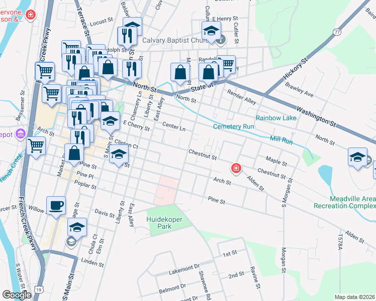 map of restaurants, bars, coffee shops, grocery stores, and more near Chestnut Street in Meadville