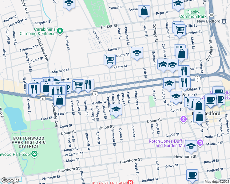 map of restaurants, bars, coffee shops, grocery stores, and more near 307 Mill Street in New Bedford