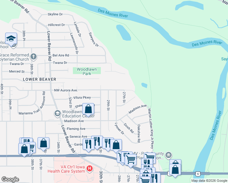 map of restaurants, bars, coffee shops, grocery stores, and more near 2807 Northwest Aurora Avenue in Des Moines