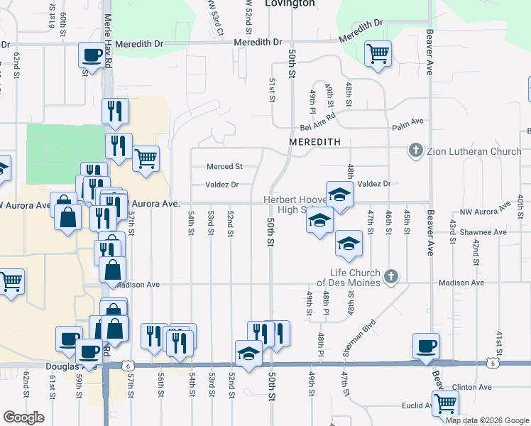 map of restaurants, bars, coffee shops, grocery stores, and more near 5021 Northwest Aurora Avenue in Des Moines