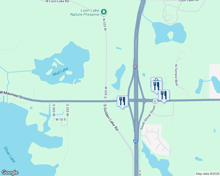 map of restaurants, bars, coffee shops, grocery stores, and more near 330 South 325 West in Angola