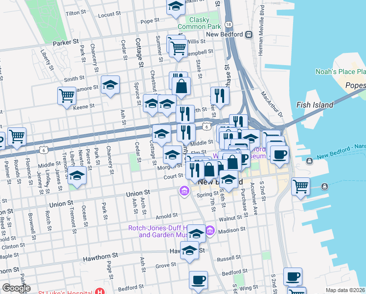map of restaurants, bars, coffee shops, grocery stores, and more near 502 County Street in New Bedford