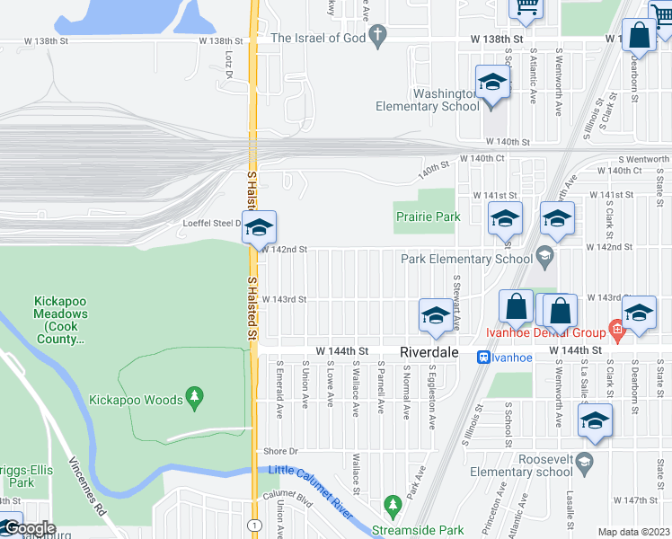 map of restaurants, bars, coffee shops, grocery stores, and more near 14215 South Lowe Avenue in Riverdale