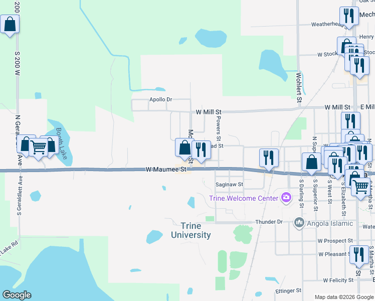 map of restaurants, bars, coffee shops, grocery stores, and more near 125 McKinley Street in Angola