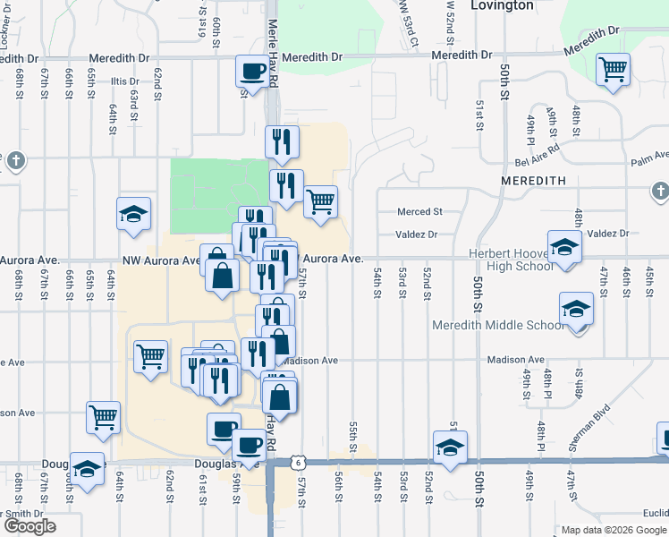 map of restaurants, bars, coffee shops, grocery stores, and more near in Des Moines