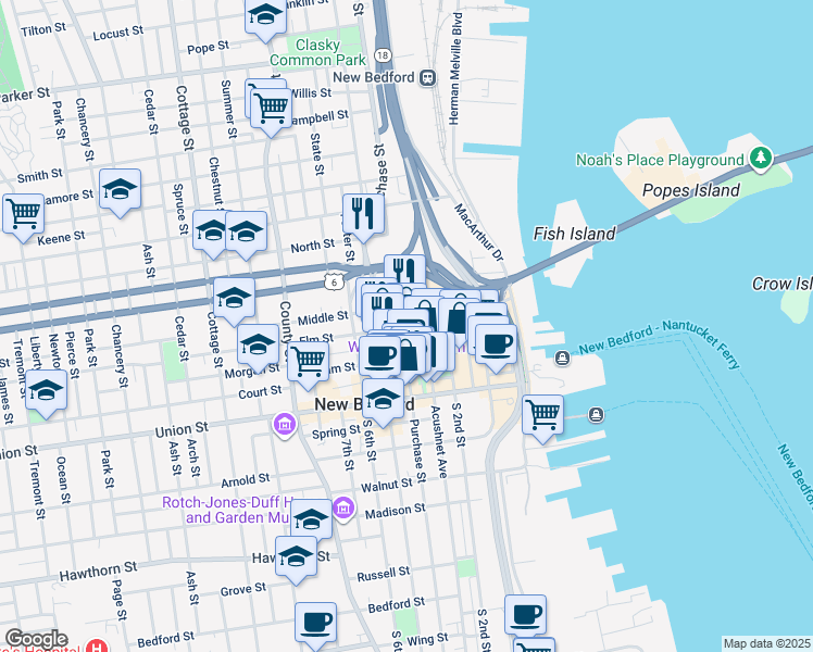 map of restaurants, bars, coffee shops, grocery stores, and more near 880 Purchase Street in New Bedford