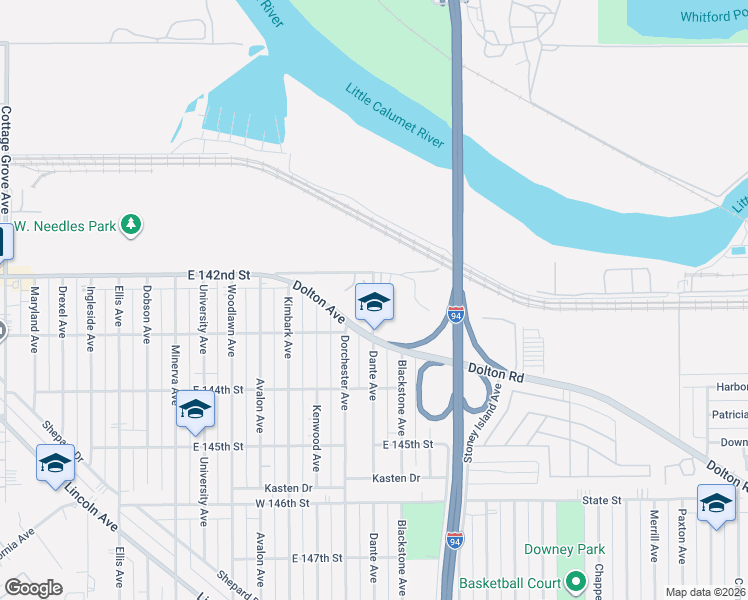 map of restaurants, bars, coffee shops, grocery stores, and more near 1429 East 142nd Street in Dolton