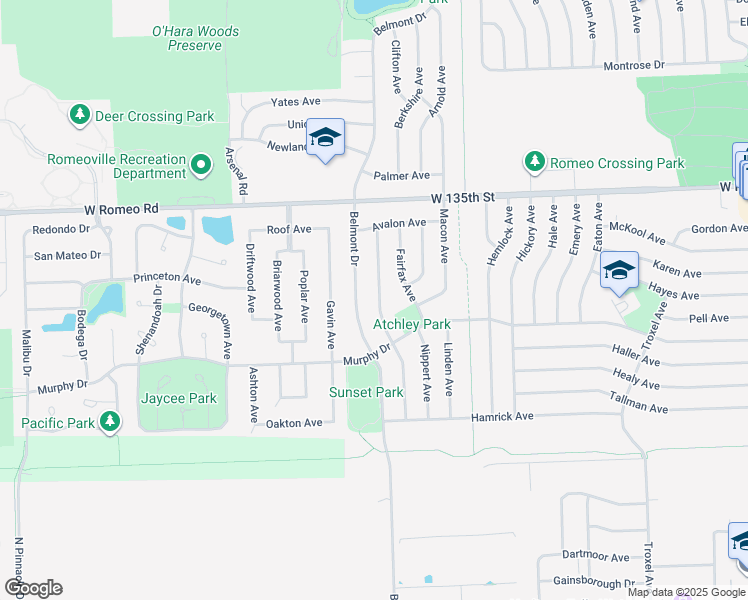 map of restaurants, bars, coffee shops, grocery stores, and more near 627 Belmont Drive in Romeoville
