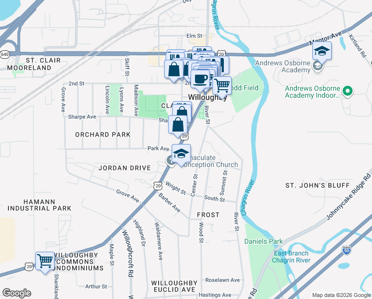 map of restaurants, bars, coffee shops, grocery stores, and more near 38016 Euclid Avenue in Willoughby
