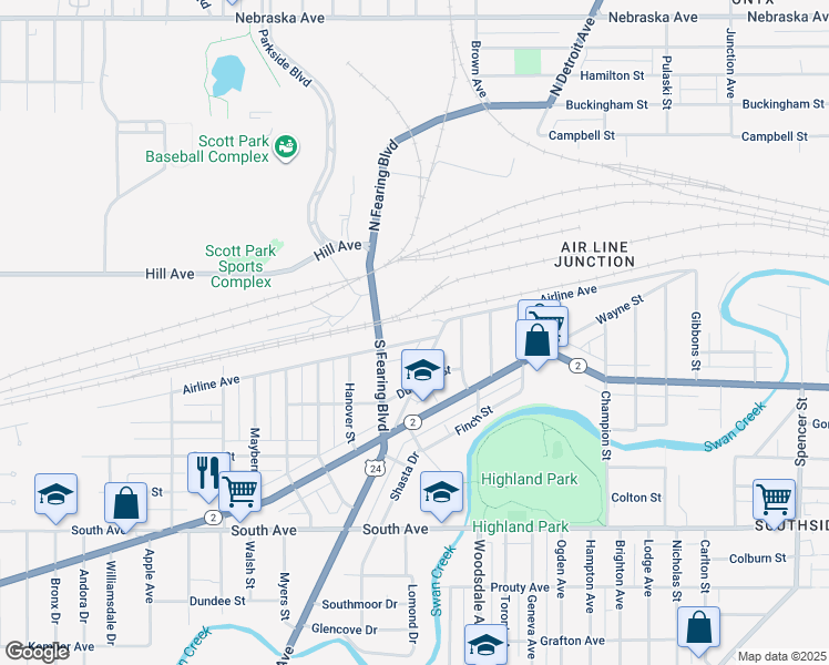 map of restaurants, bars, coffee shops, grocery stores, and more near 1900 Airline Avenue in Toledo
