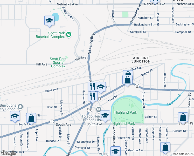 map of restaurants, bars, coffee shops, grocery stores, and more near 1900 Airline Avenue in Toledo