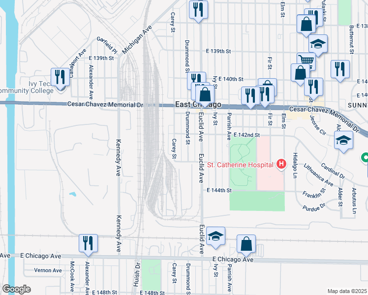 map of restaurants, bars, coffee shops, grocery stores, and more near 4204 Drummond Street in East Chicago