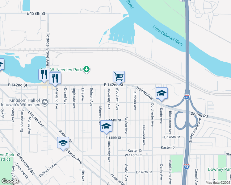 map of restaurants, bars, coffee shops, grocery stores, and more near 14222 South Woodlawn Avenue in Chicago