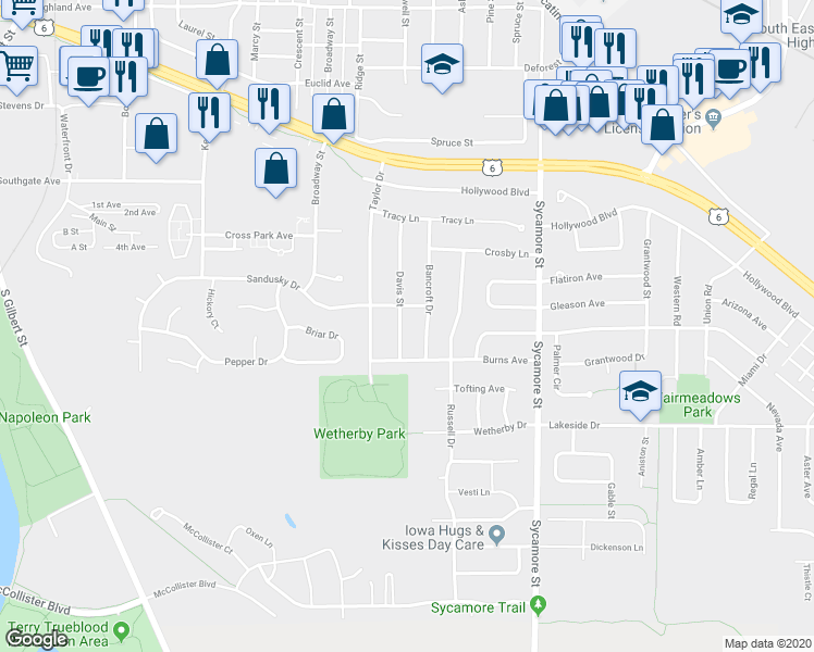 map of restaurants, bars, coffee shops, grocery stores, and more near 1331 Sandusky Drive in Iowa City