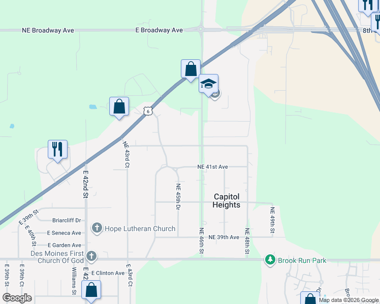 map of restaurants, bars, coffee shops, grocery stores, and more near 4542 East Aurora Avenue in Des Moines