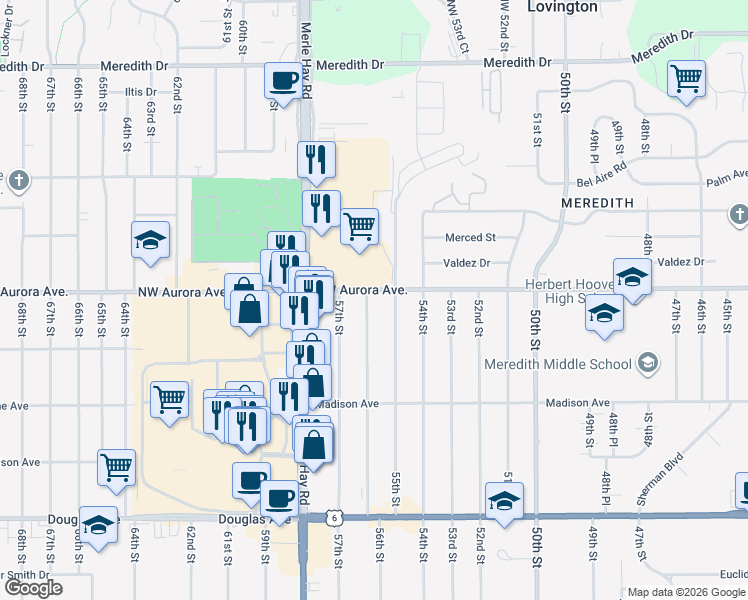 map of restaurants, bars, coffee shops, grocery stores, and more near in Des Moines