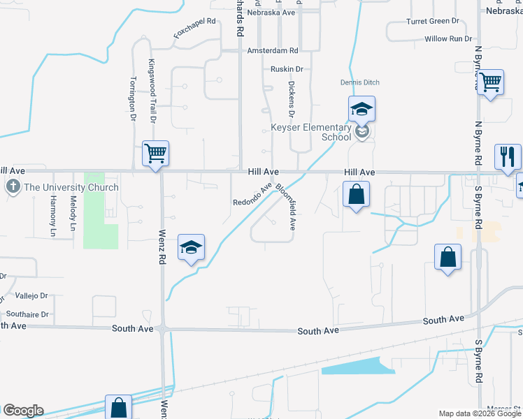 map of restaurants, bars, coffee shops, grocery stores, and more near 4146 Redondo Avenue in Toledo