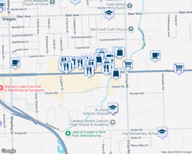 map of restaurants, bars, coffee shops, grocery stores, and more near 3160 Navarre Avenue in Oregon