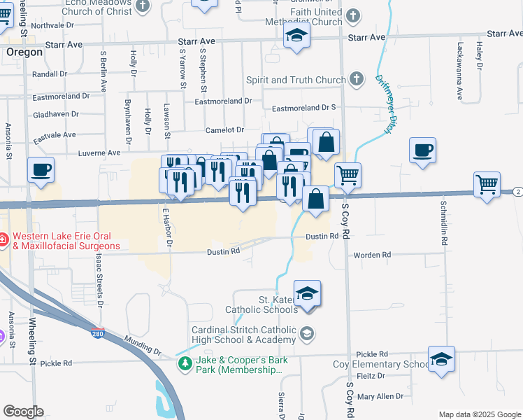 map of restaurants, bars, coffee shops, grocery stores, and more near 3160 Navarre Avenue in Oregon