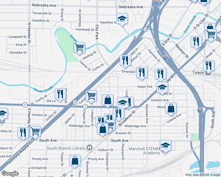 map of restaurants, bars, coffee shops, grocery stores, and more near 657 Segur Avenue in Toledo