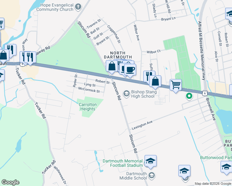 map of restaurants, bars, coffee shops, grocery stores, and more near 521 Slocum Road in Dartmouth