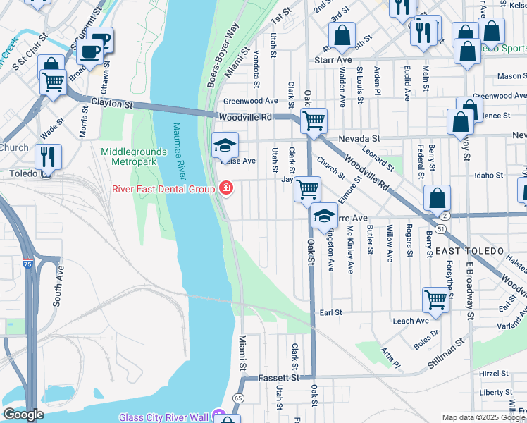 map of restaurants, bars, coffee shops, grocery stores, and more near 732 Utah Street in Toledo