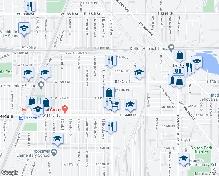 map of restaurants, bars, coffee shops, grocery stores, and more near 14216 South Indiana Avenue in Riverdale