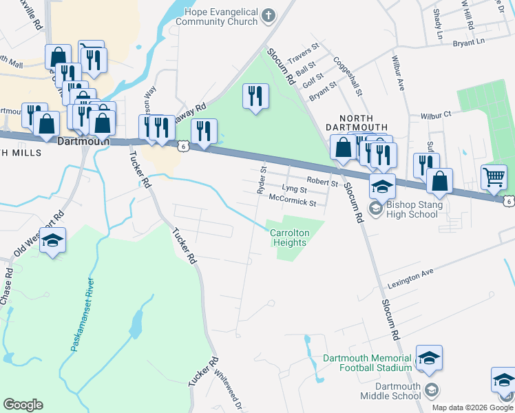 map of restaurants, bars, coffee shops, grocery stores, and more near Ryder St & Wooley St in Dartmouth