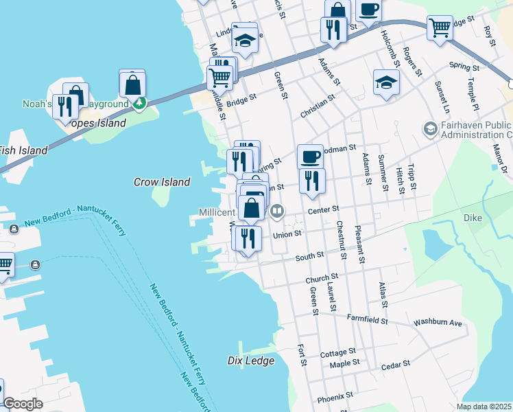 map of restaurants, bars, coffee shops, grocery stores, and more near 63 Main Street in Fairhaven