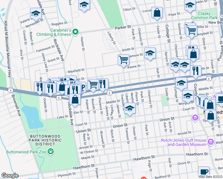 map of restaurants, bars, coffee shops, grocery stores, and more near 276 North Street in New Bedford