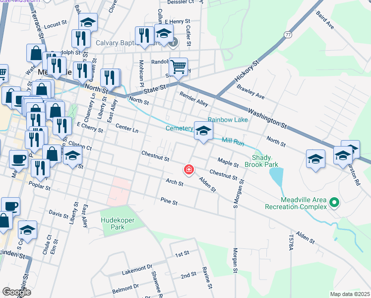 map of restaurants, bars, coffee shops, grocery stores, and more near 591 Center Street Extension in Meadville