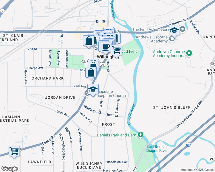 map of restaurants, bars, coffee shops, grocery stores, and more near 4317 Center Street in Willoughby