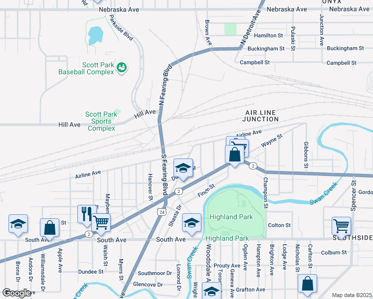 map of restaurants, bars, coffee shops, grocery stores, and more near 1900 Airline Avenue in Toledo