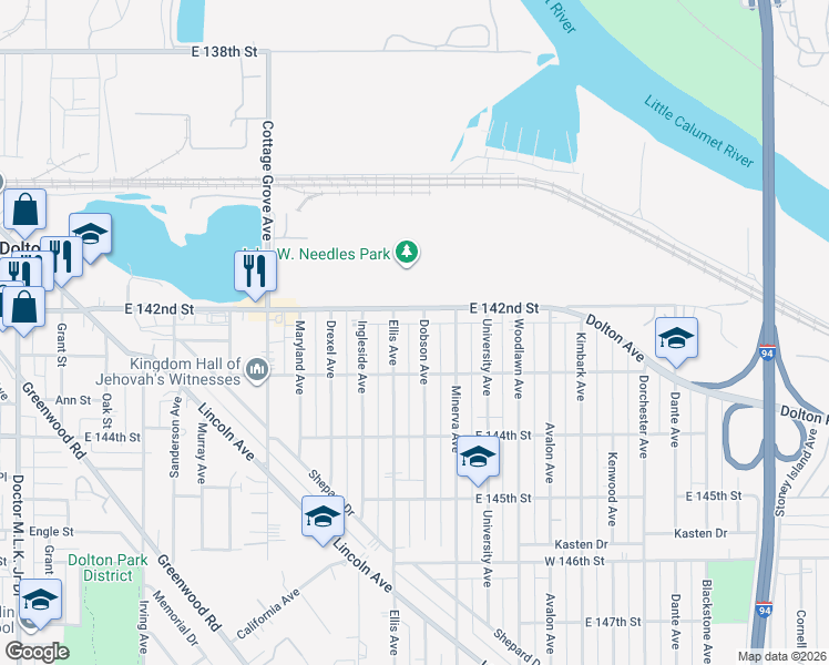 map of restaurants, bars, coffee shops, grocery stores, and more near 1009 East 142nd Street in Dolton