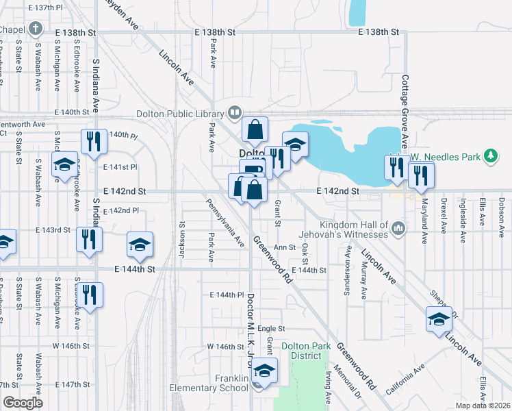 map of restaurants, bars, coffee shops, grocery stores, and more near 14201 Doctor Martin Luther King Junior Drive in Dolton