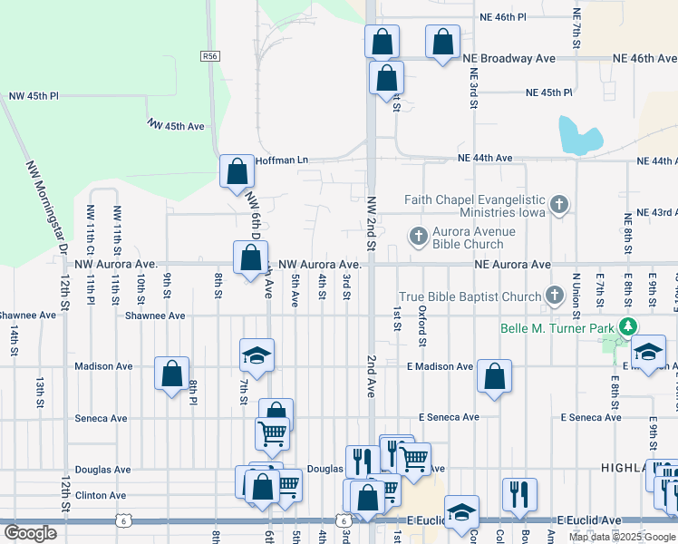 map of restaurants, bars, coffee shops, grocery stores, and more near 255 Northwest Aurora Avenue in Des Moines