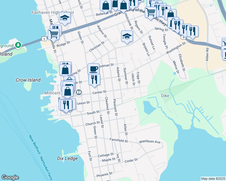 map of restaurants, bars, coffee shops, grocery stores, and more near 100 Pleasant Street in Fairhaven