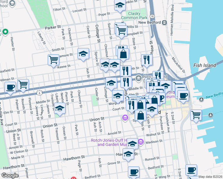map of restaurants, bars, coffee shops, grocery stores, and more near 247 Elm Street in New Bedford
