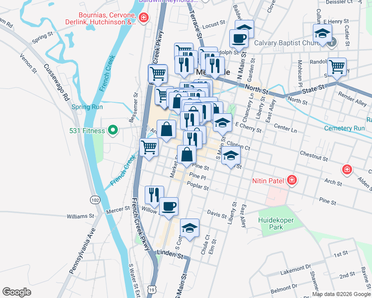 map of restaurants, bars, coffee shops, grocery stores, and more near 244-262 Arch Street in Meadville