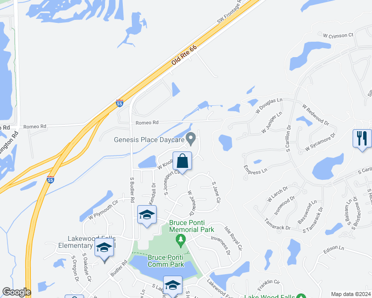 map of restaurants, bars, coffee shops, grocery stores, and more near 21816 West Kentwood Drive in Plainfield