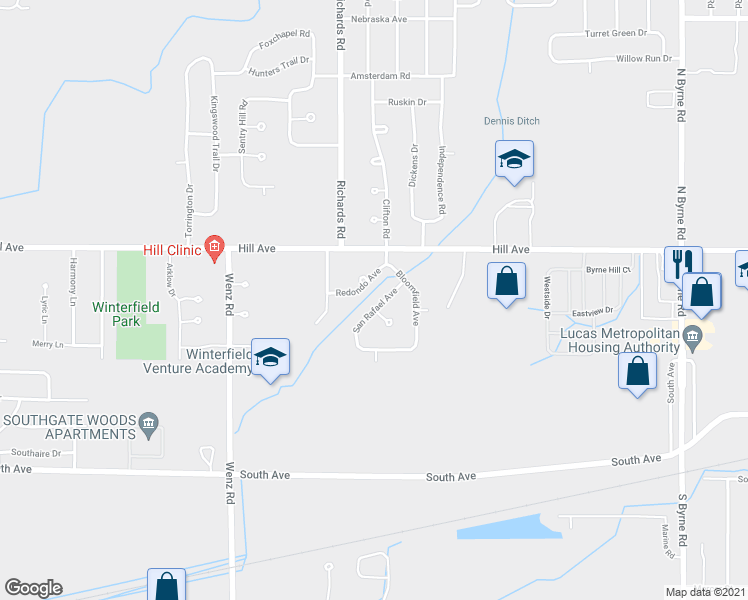 map of restaurants, bars, coffee shops, grocery stores, and more near 52 San Rafael Avenue in Toledo
