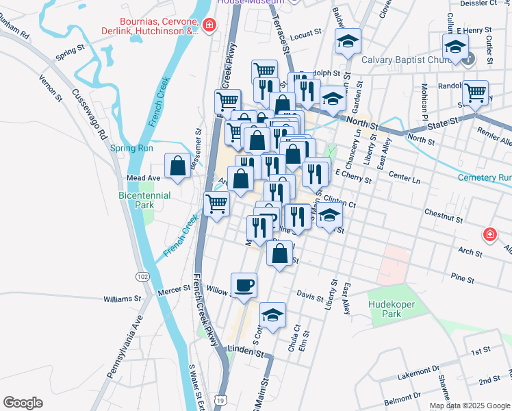 map of restaurants, bars, coffee shops, grocery stores, and more near 244-262 Arch Street in Meadville